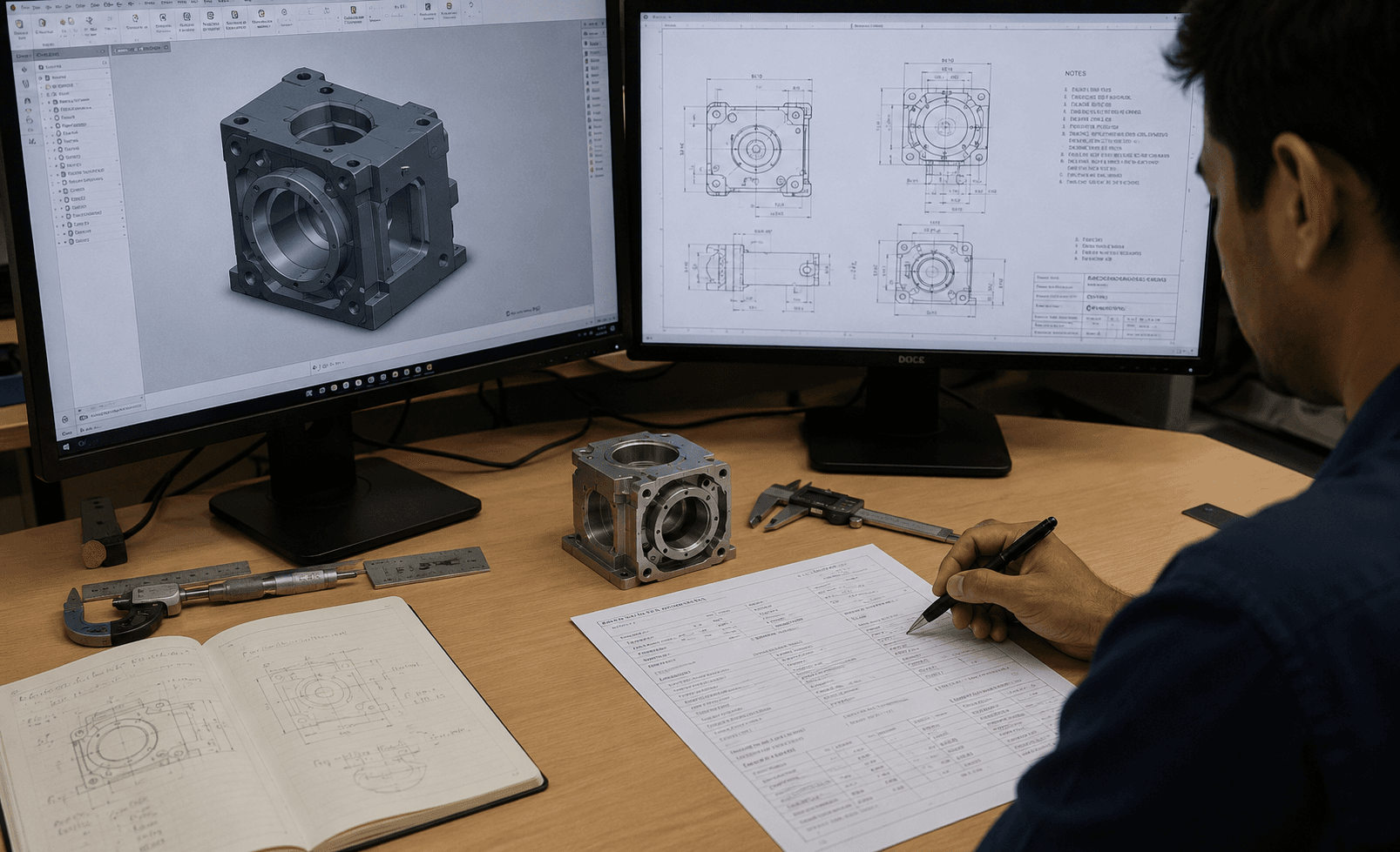 An engineer turning a CAD model and prototype part into a dimensioned manufacturing drawing