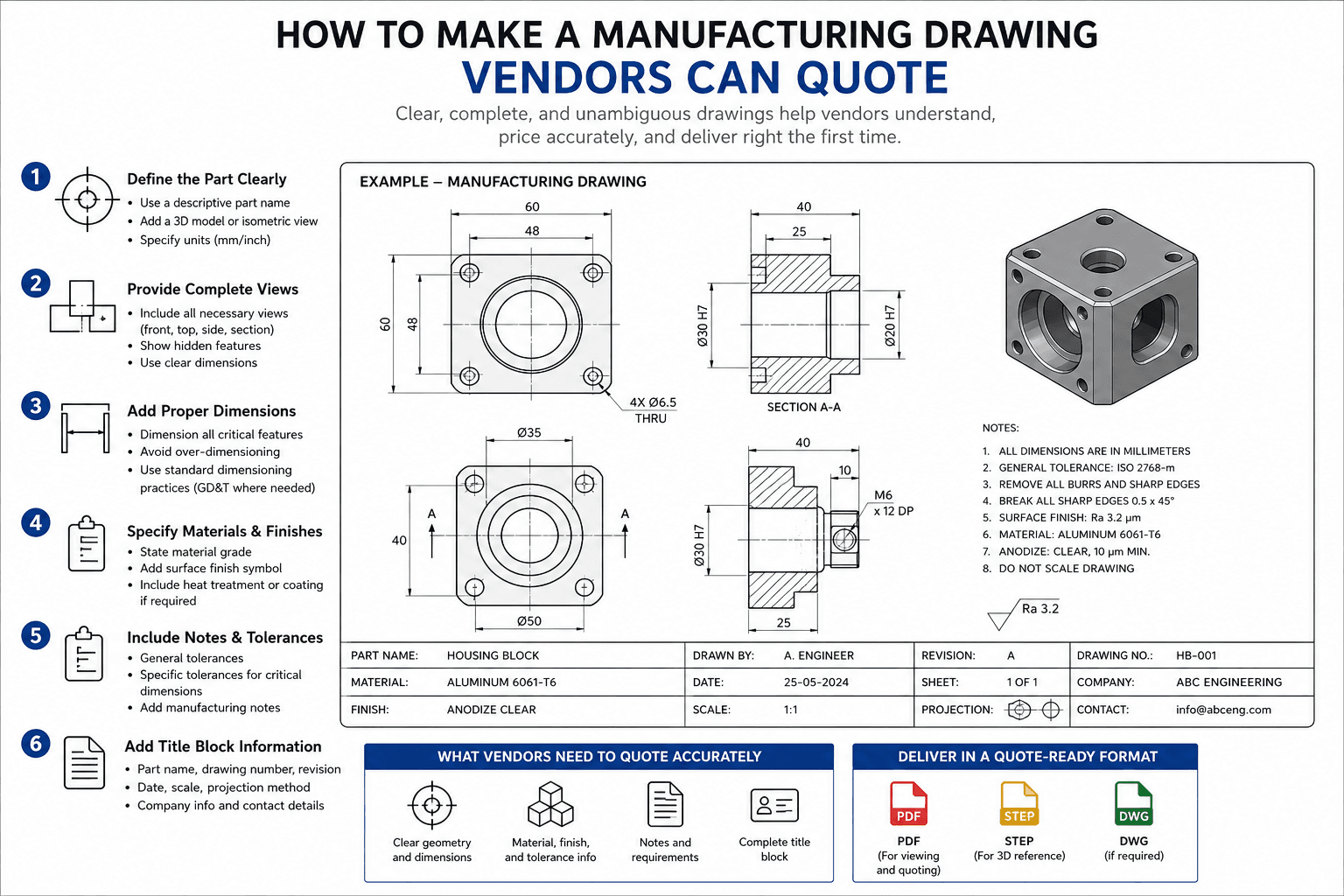 A dimensioned, toleranced manufacturing drawing a vendor can quote from